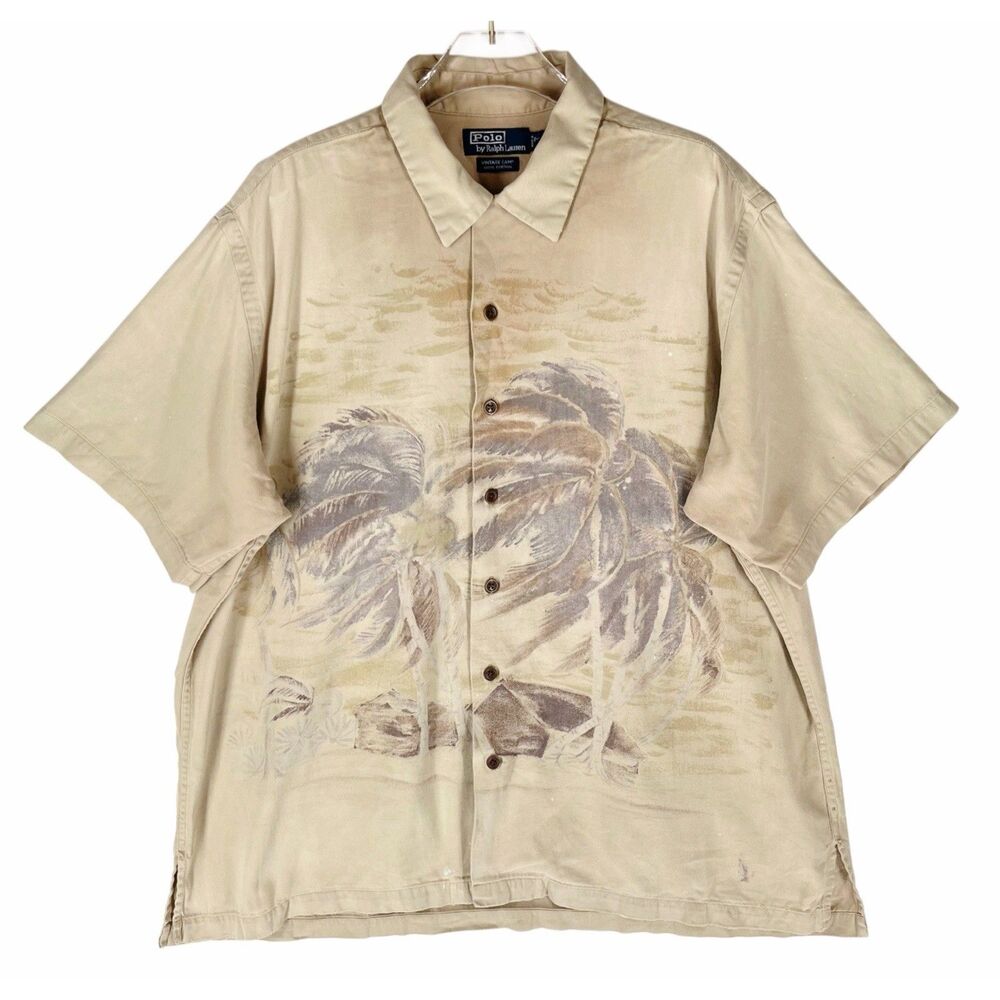 Polo Ralph Lauren Mens XL Vintage Camp Shirt Looped Collar Beach Palm Trees
